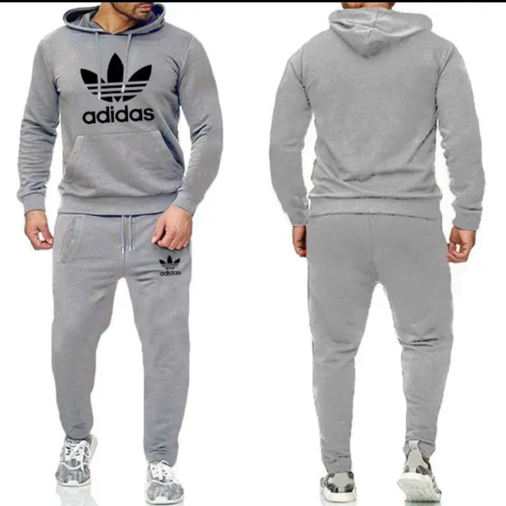 Grey New Design Printed Winter Premium Fleece Full Sleeves Pull Over Hoodie & Trouser Tracksuit Set For Men