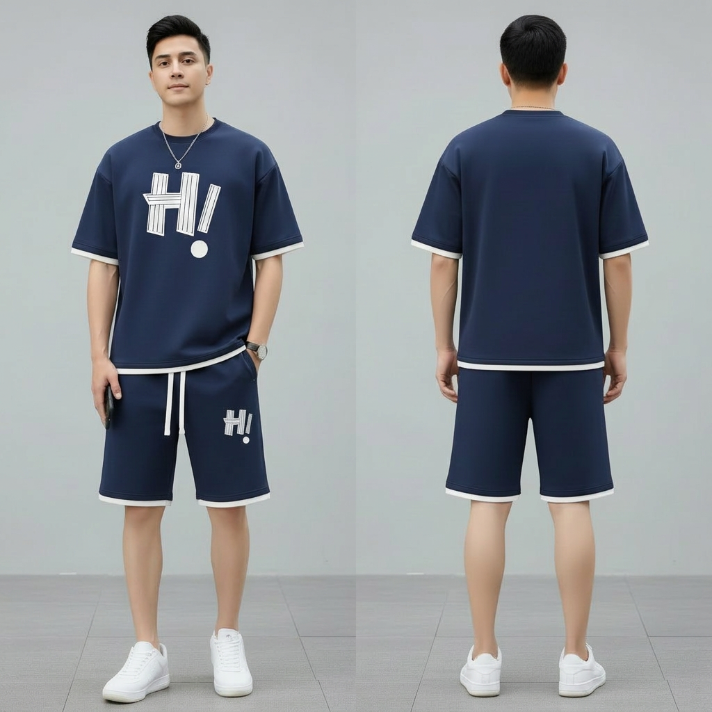 Men's Navy Blue Printed Summer Tracksuit Set (T-Shirt & Shorts)