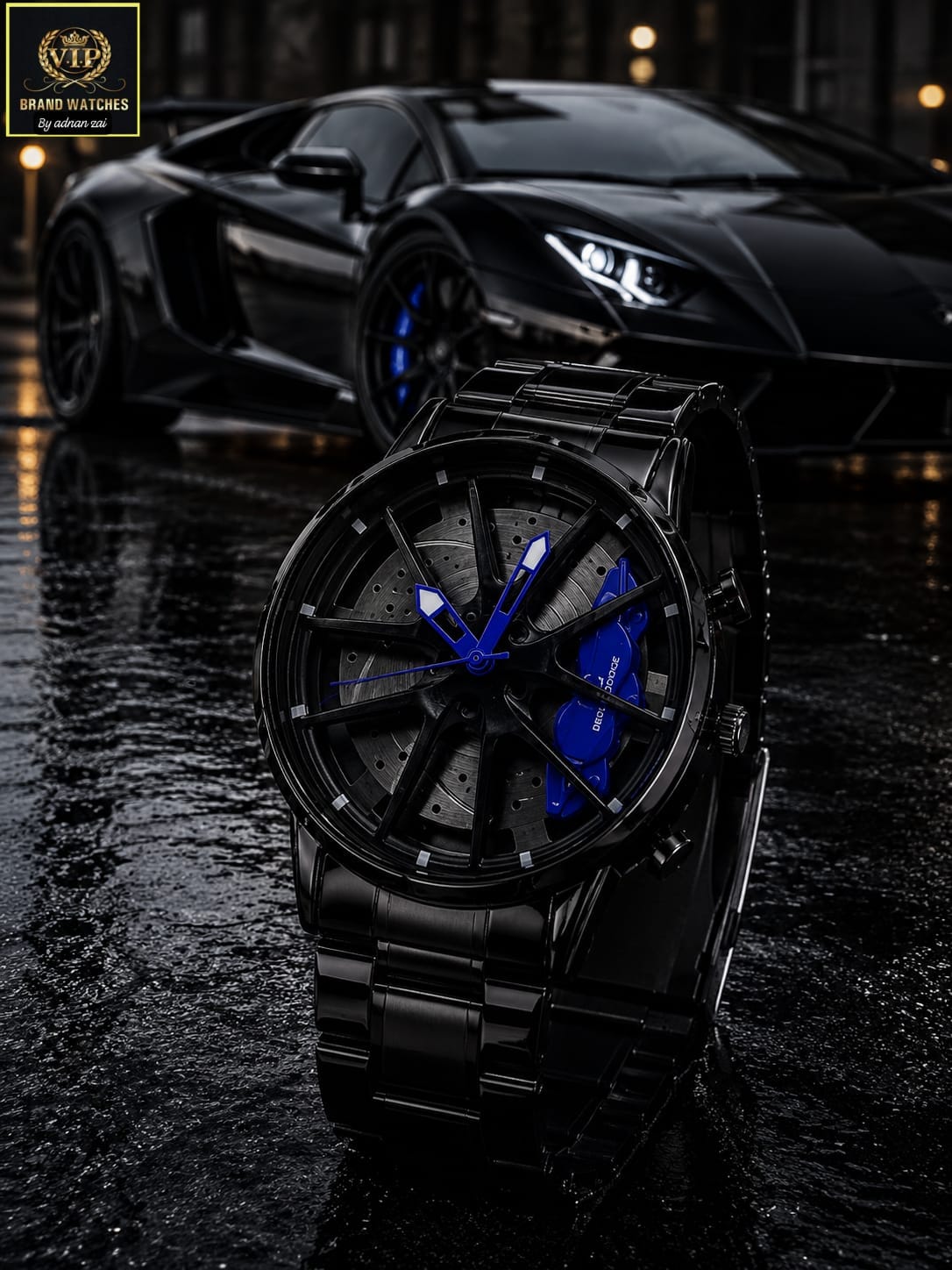 Trendy Car Rim Watch for Men – 3D Brake Caliper Dial with Black Chain & Gift Box