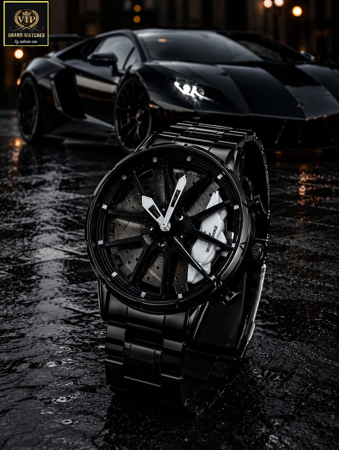 Trendy Car Rim Watch for Men – 3D Brake Caliper Dial with Black Chain & Gift Box