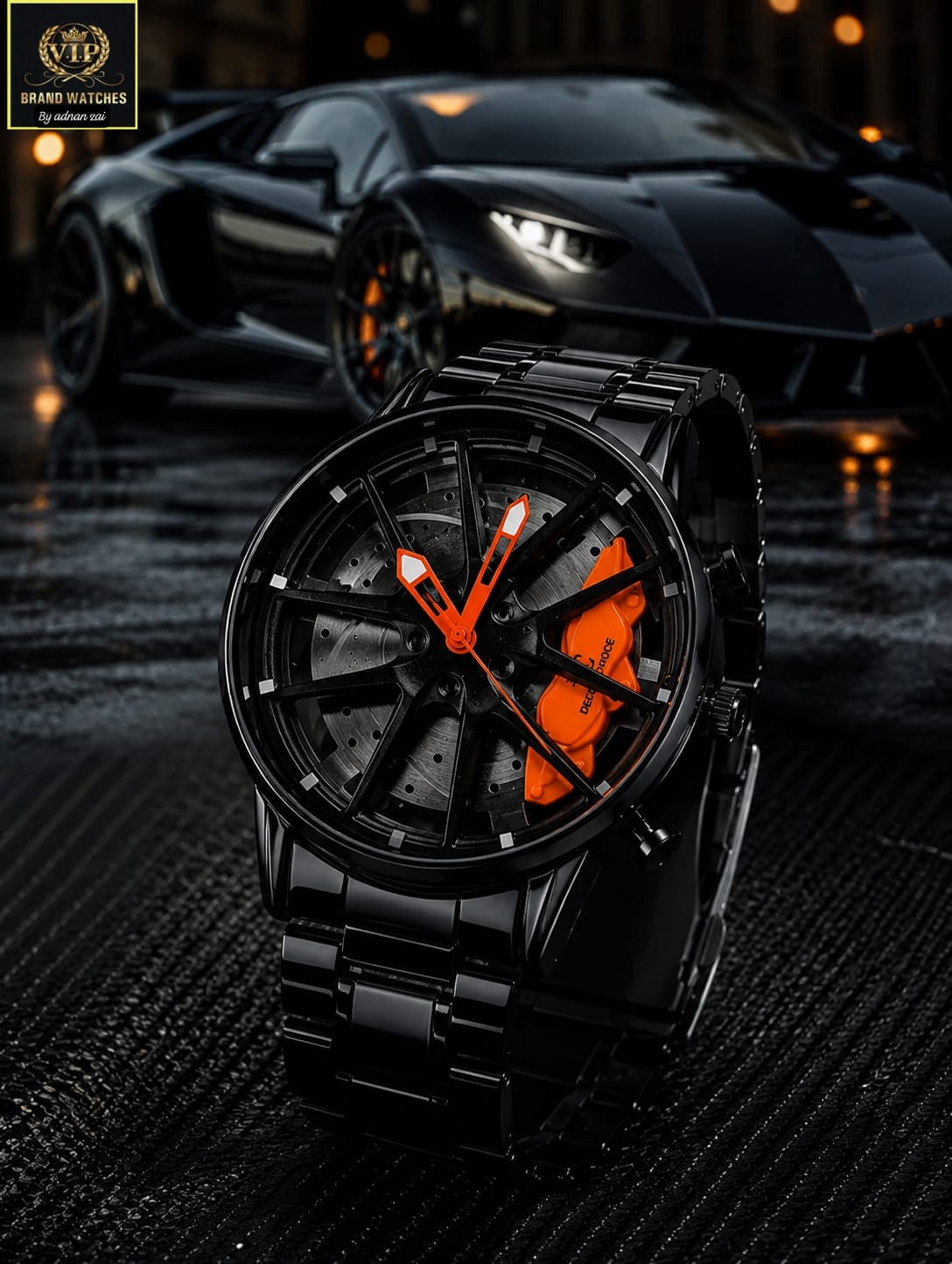 Trendy Car Rim Watch for Men – 3D Brake Caliper Dial with Black Chain & Gift Box