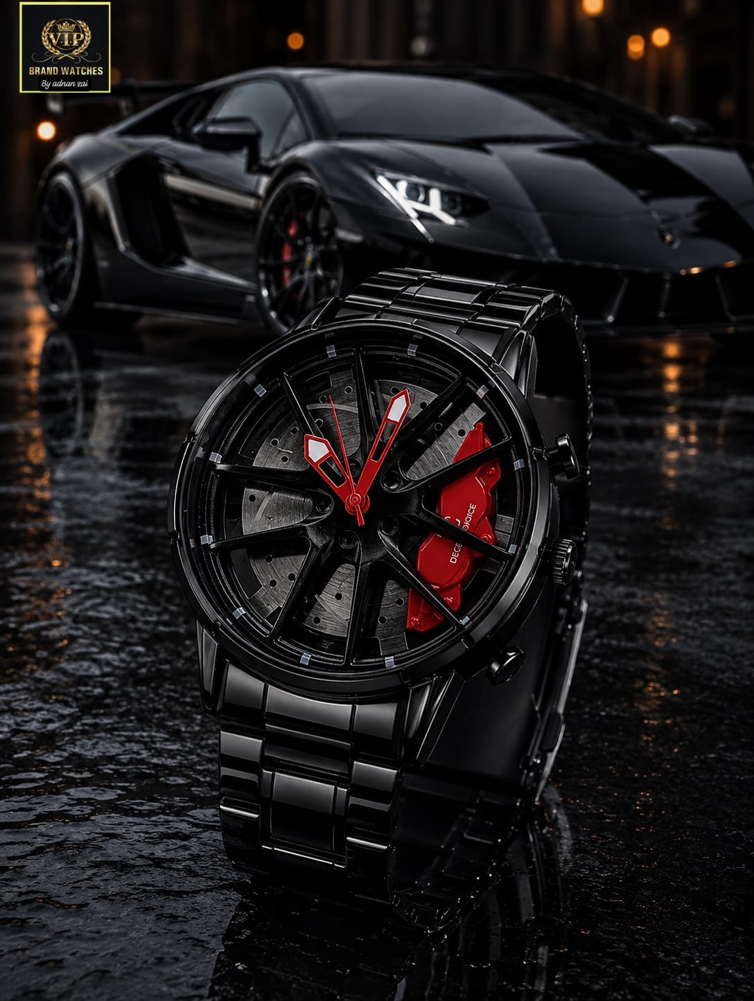 Trendy Car Rim Watch for Men – 3D Brake Caliper Dial with Black Chain & Gift Box