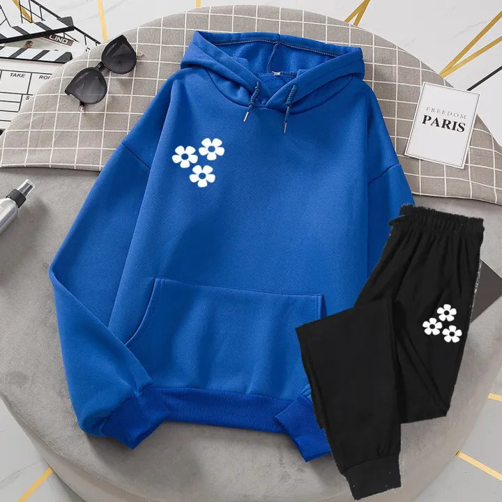 Winter Fleece Casual Flower Printed Hoodie + Trouser Track Suit for Girls and Women