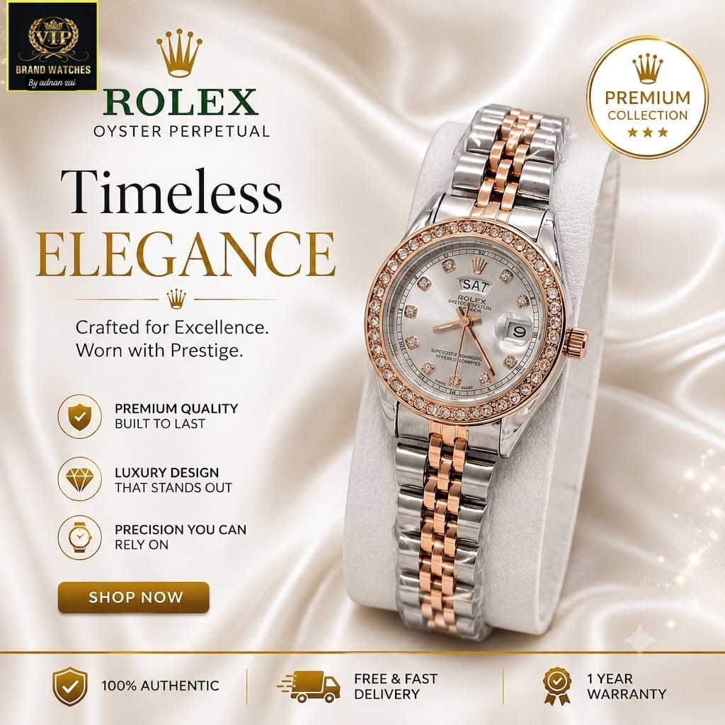 Women’s Rolex-Inspired Day-Date Watch ⌚ | Mini Dial, Diamond-Style Design & Working Day-Date Display
