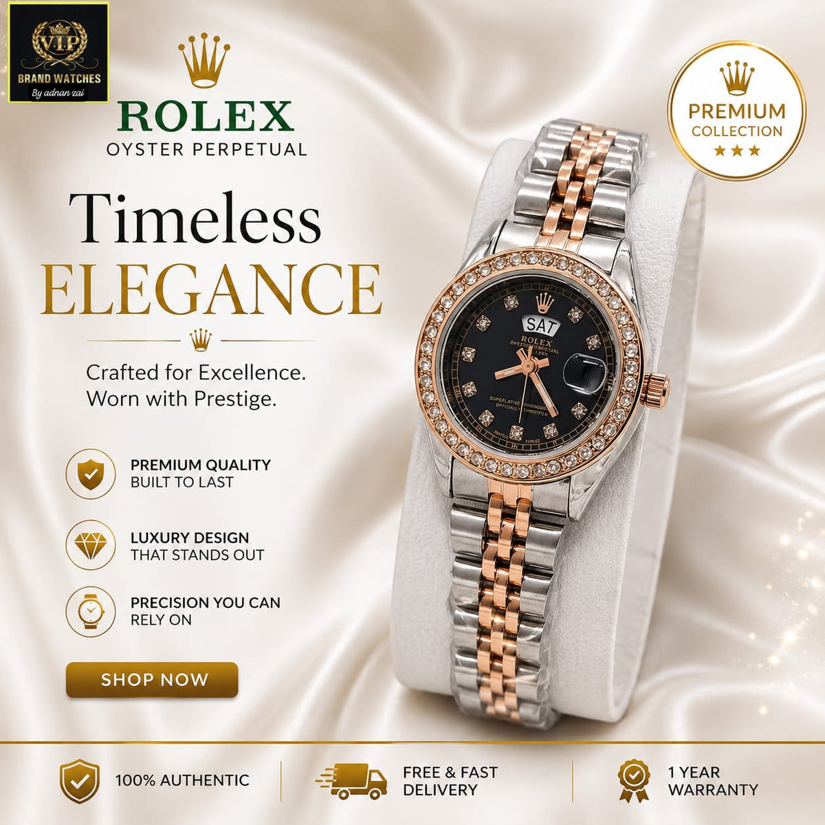 Women’s Rolex-Inspired Day-Date Watch ⌚ | Mini Dial, Diamond-Style Design & Working Day-Date Display