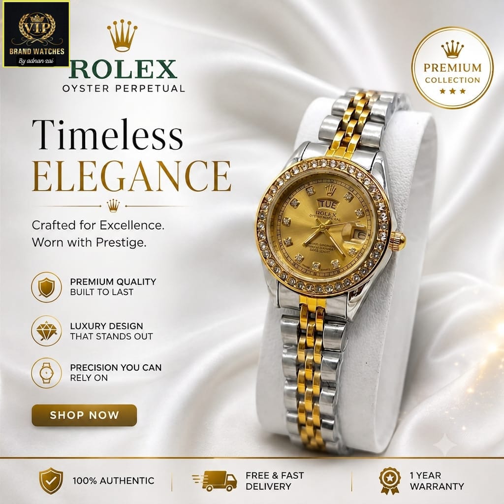 Women’s Rolex-Inspired Day-Date Watch ⌚ | Mini Dial, Diamond-Style Design & Working Day-Date Display