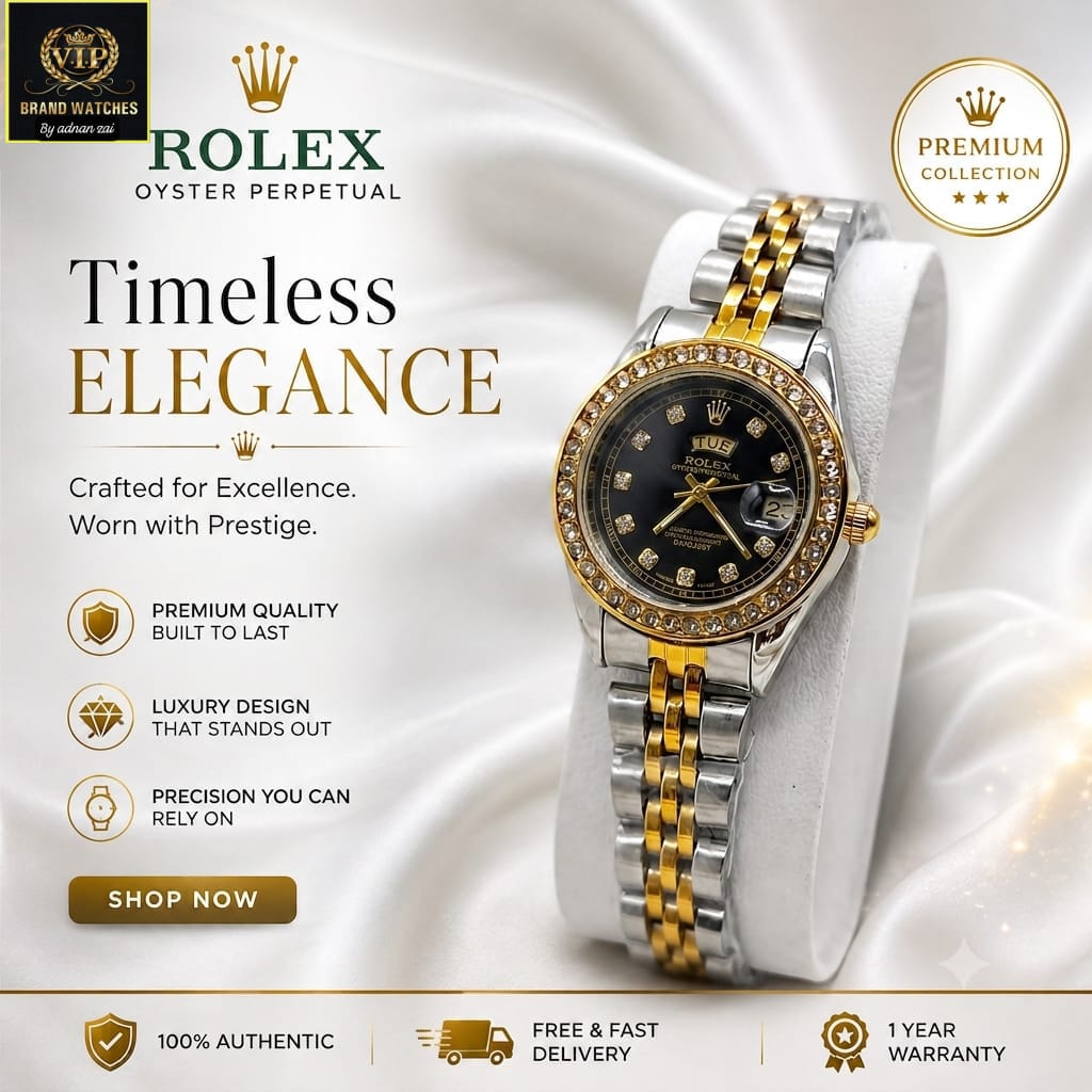 Women’s Rolex-Inspired Day-Date Watch ⌚ | Mini Dial, Diamond-Style Design & Working Day-Date Display