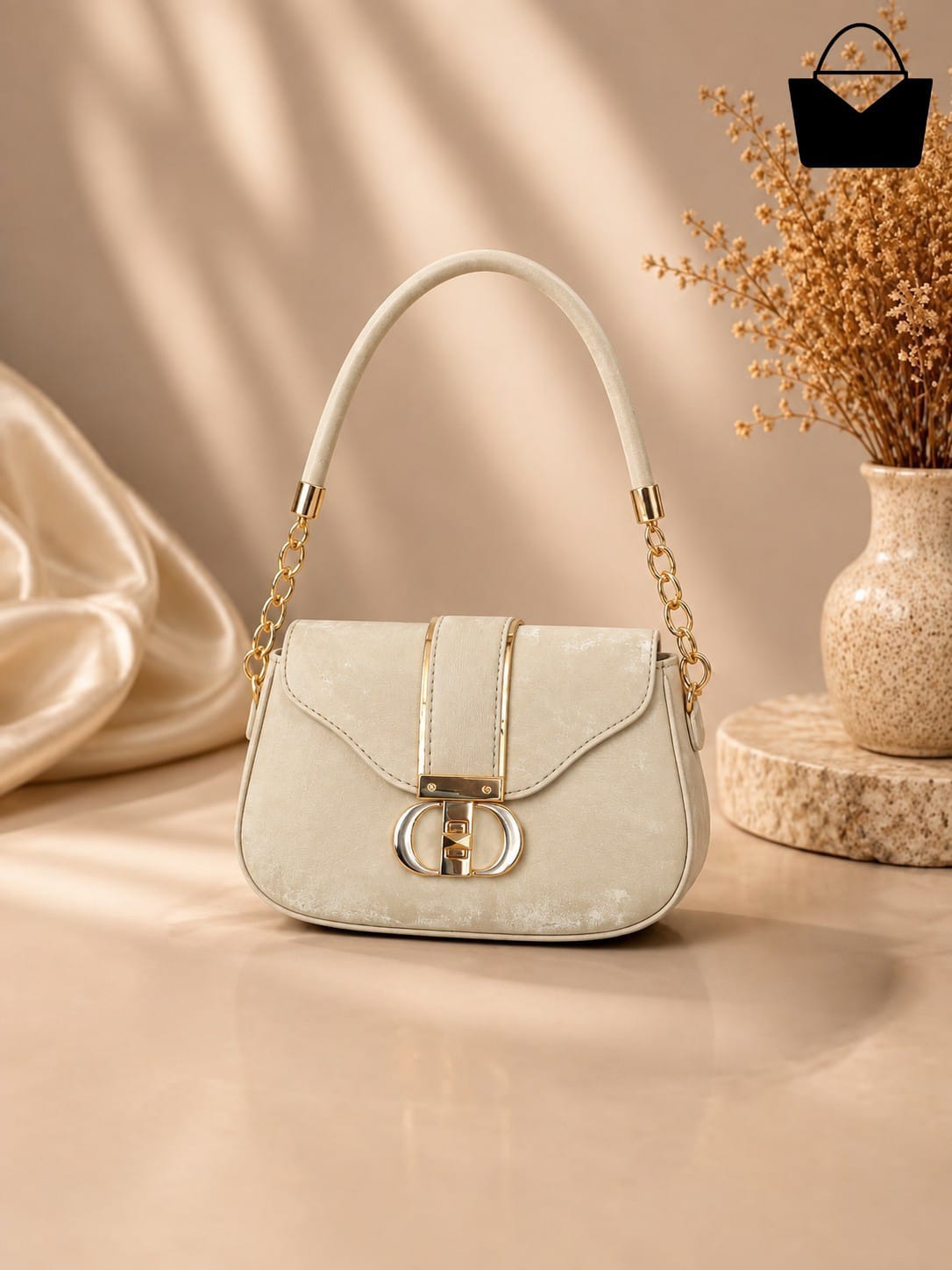 Women's Luxury Resin Handbag with Golden Chain Handle & Front Gold Lock