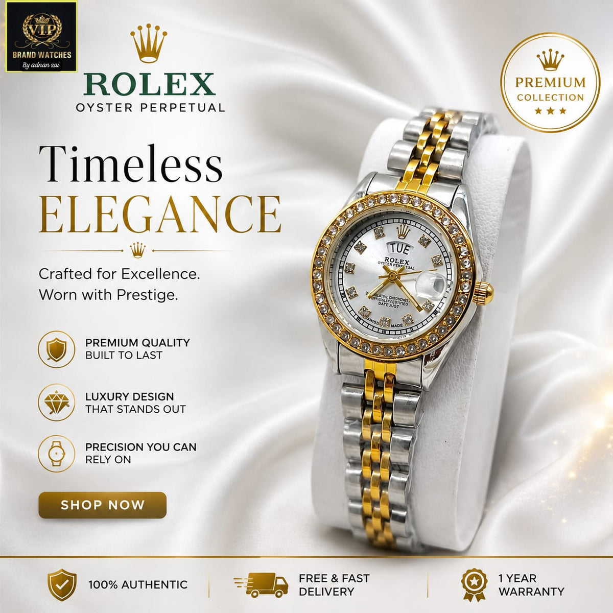 Women’s Rolex-Inspired Day-Date Watch ⌚ | Mini Dial, Diamond-Style Design & Working Day-Date Display