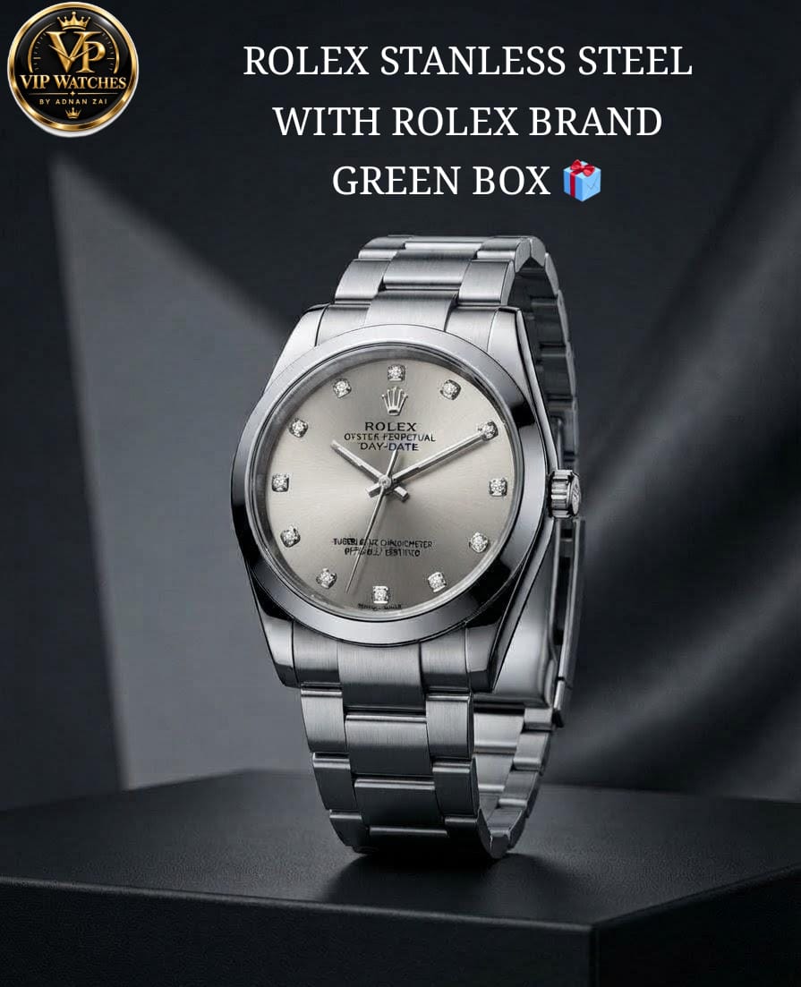 Rolex Men's Stainless Steel Watch with Blue Shaded Deep Glass, Heavy Metal Chain & Steel Lock