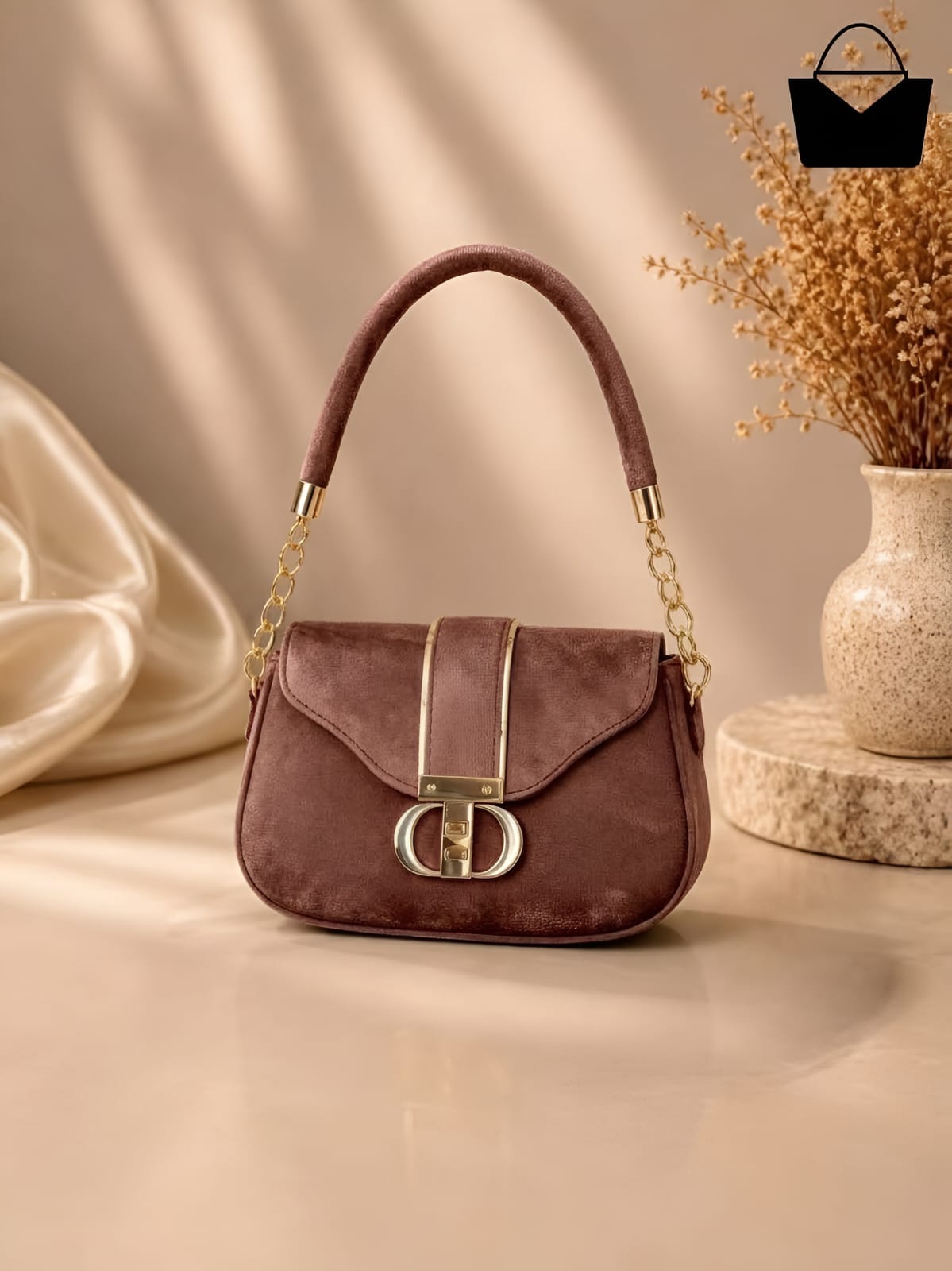 Women's Luxury Resin Handbag with Golden Chain Handle & Front Gold Lock