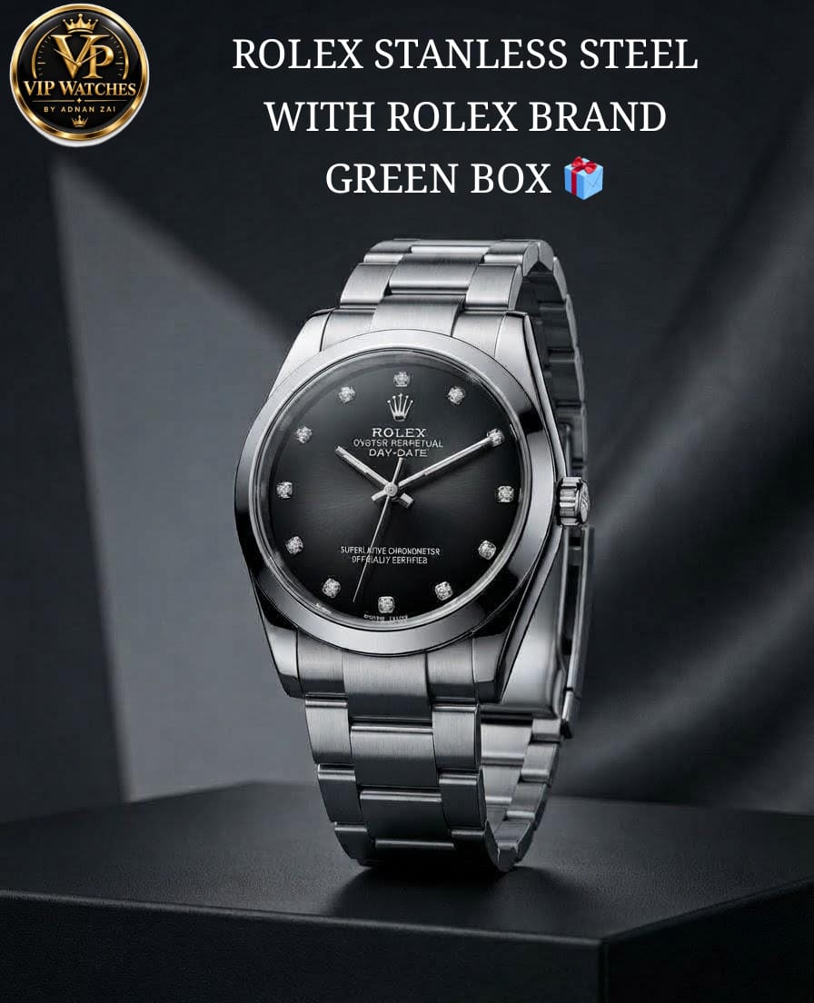 Rolex Men's Stainless Steel Watch with Blue Shaded Deep Glass, Heavy Metal Chain & Steel Lock