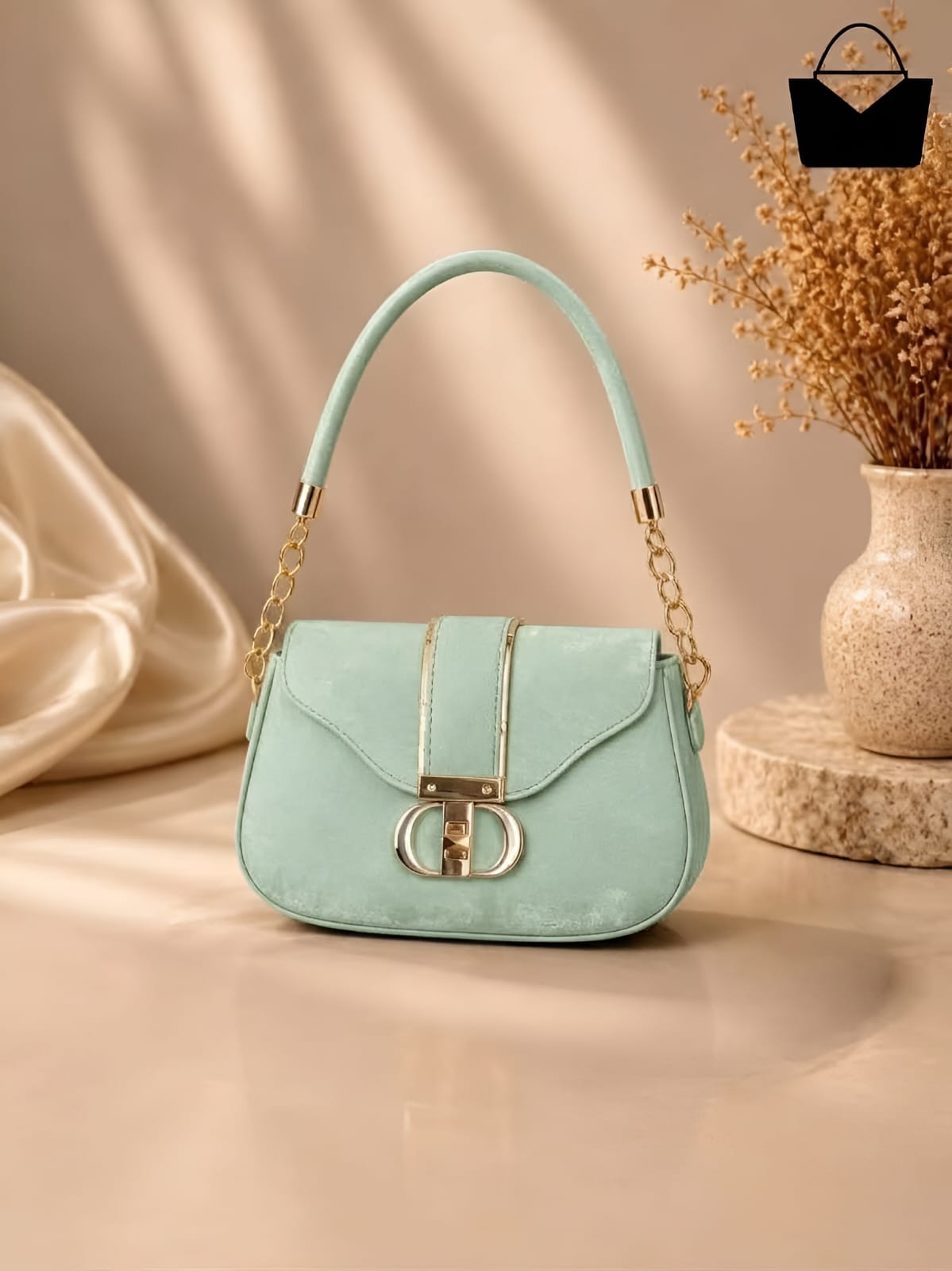 Women's Luxury Resin Handbag with Golden Chain Handle & Front Gold Lock