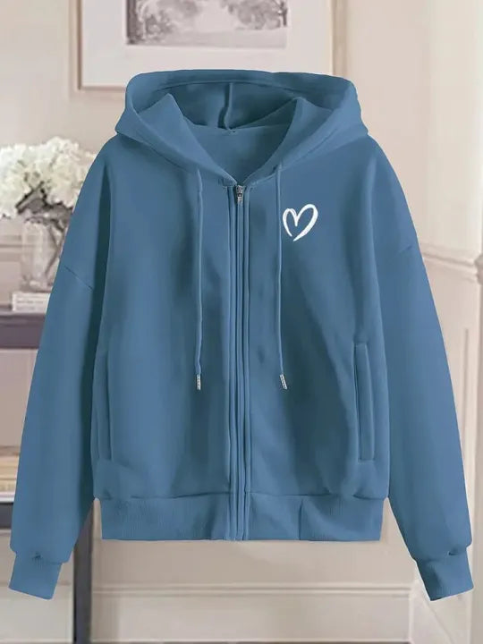 Women’s Blue Heart Graphic Full Zip Hoodie | Trendy Casual Streetwear 💙