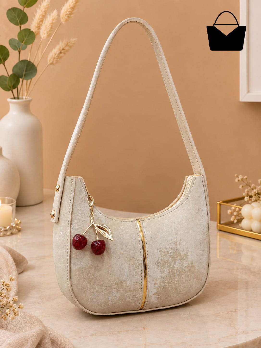 Moon Shape Women's Shoulder Bag with Golden Cherry Keychain – Textured PU Leather