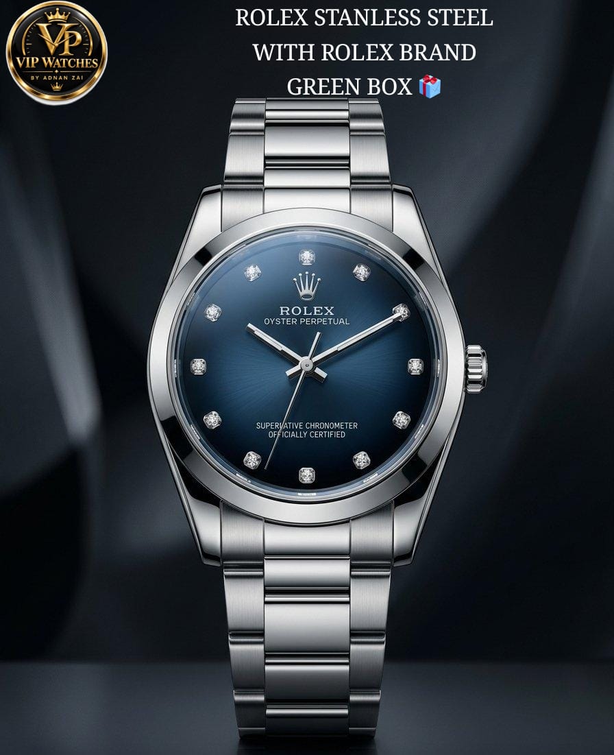 Rolex Men's Stainless Steel Watch with Blue Shaded Deep Glass, Heavy Metal Chain & Steel Lock
