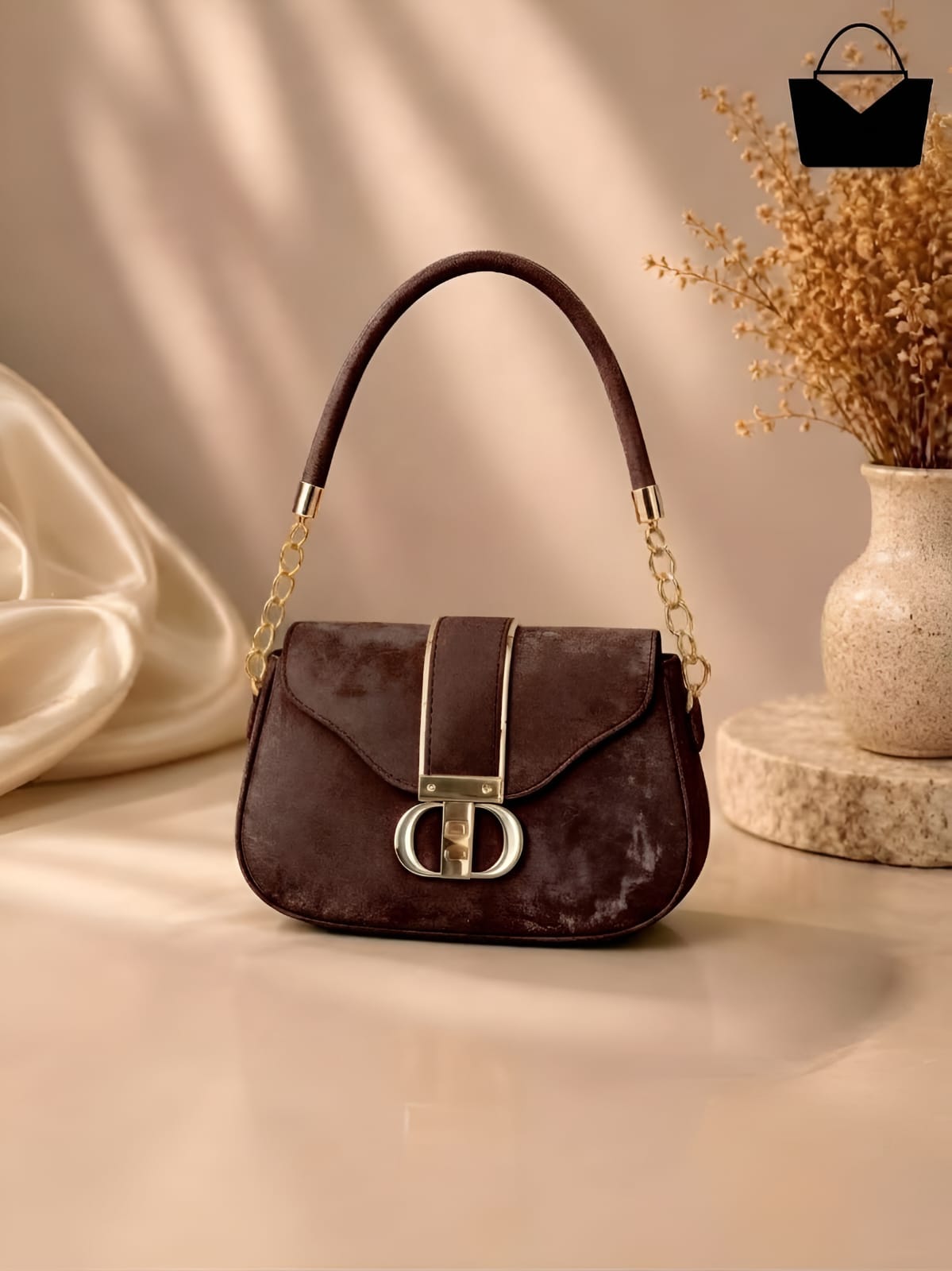 Women's Luxury Resin Handbag with Golden Chain Handle & Front Gold Lock