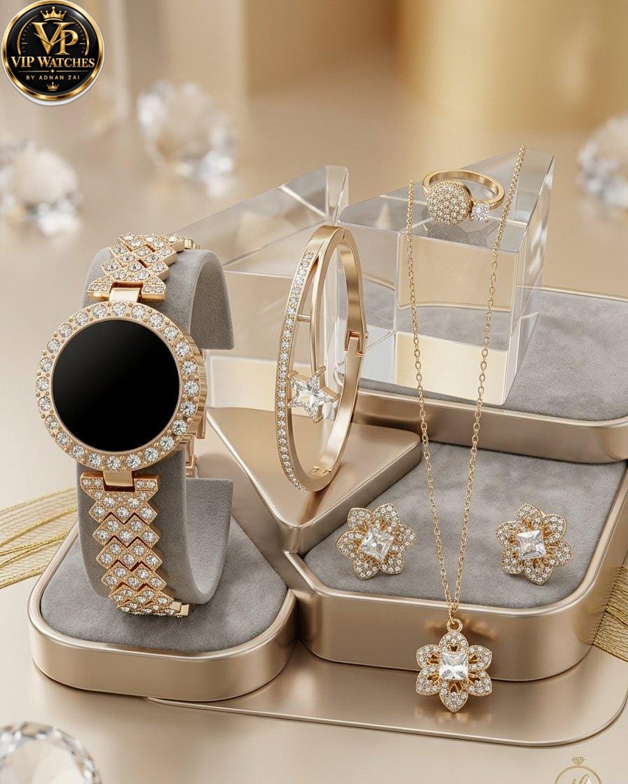 Girls’ Luxury Jewelry Gift Set 🎁 | Touchscreen Diamond-Style Watch, Stone Necklace, Earrings, Ring & Bracelet with Red Gift Box 💎⌚❤️