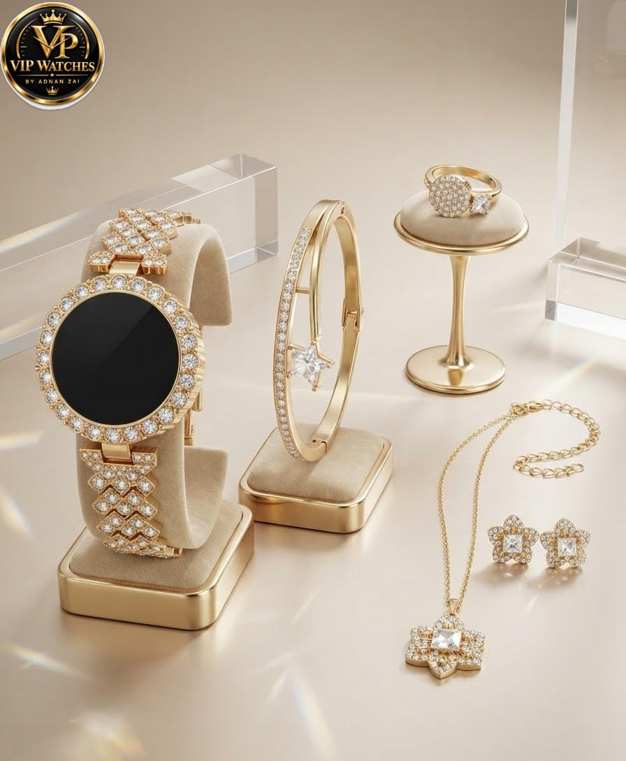 Girls’ Luxury Jewelry Gift Set 🎁 | Touchscreen Diamond-Style Watch, Stone Necklace, Earrings, Ring & Bracelet with Red Gift Box 💎⌚❤️