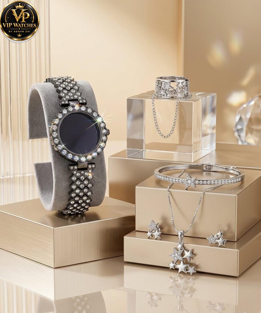 Girls’ Luxury Jewelry Gift Set 🎁 | Touchscreen Diamond-Style Watch, Stone Necklace, Earrings, Ring & Bracelet with Red Gift Box 💎⌚❤️