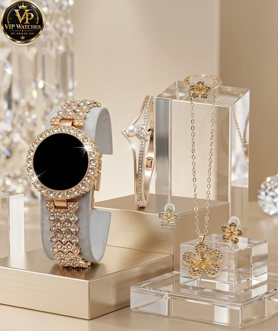 Girls’ Luxury Jewelry Gift Set 🎁 | Touchscreen Diamond-Style Watch, Stone Necklace, Earrings, Ring & Bracelet with Red Gift Box 💎⌚❤️