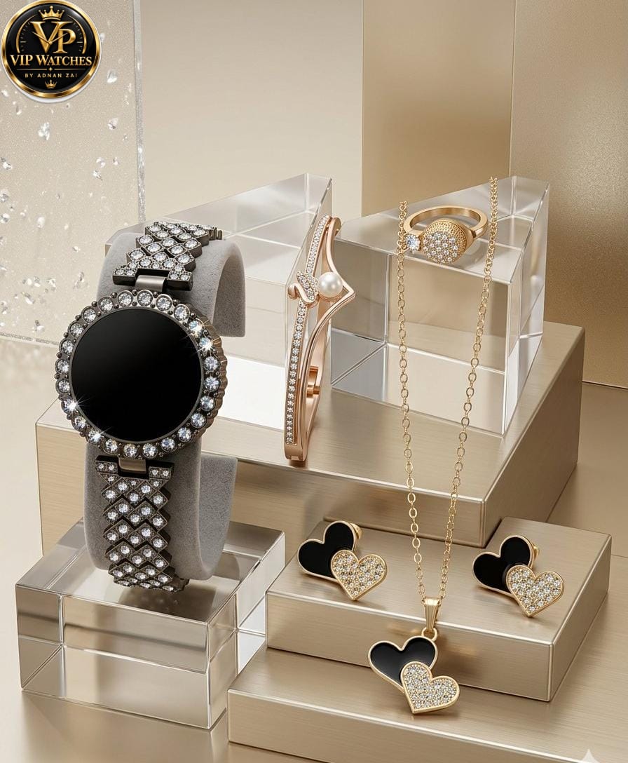 Girls’ Luxury Jewelry Gift Set 🎁 | Touchscreen Diamond-Style Watch, Stone Necklace, Earrings, Ring & Bracelet with Red Gift Box 💎⌚❤️