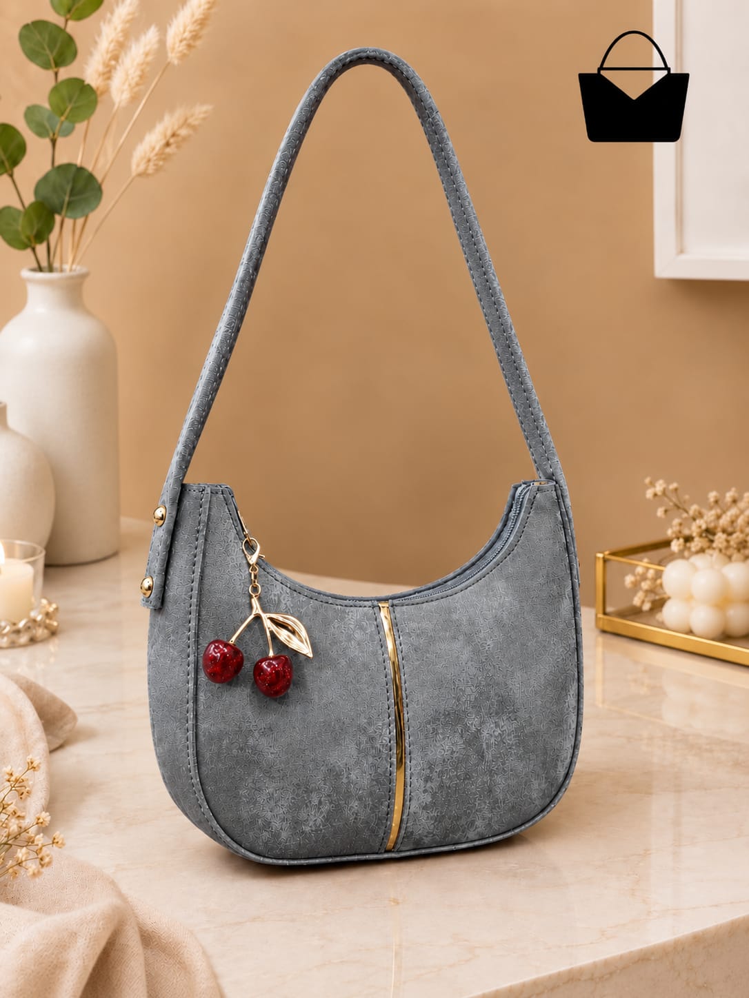 Moon Shape Women's Shoulder Bag with Golden Cherry Keychain – Textured PU Leather