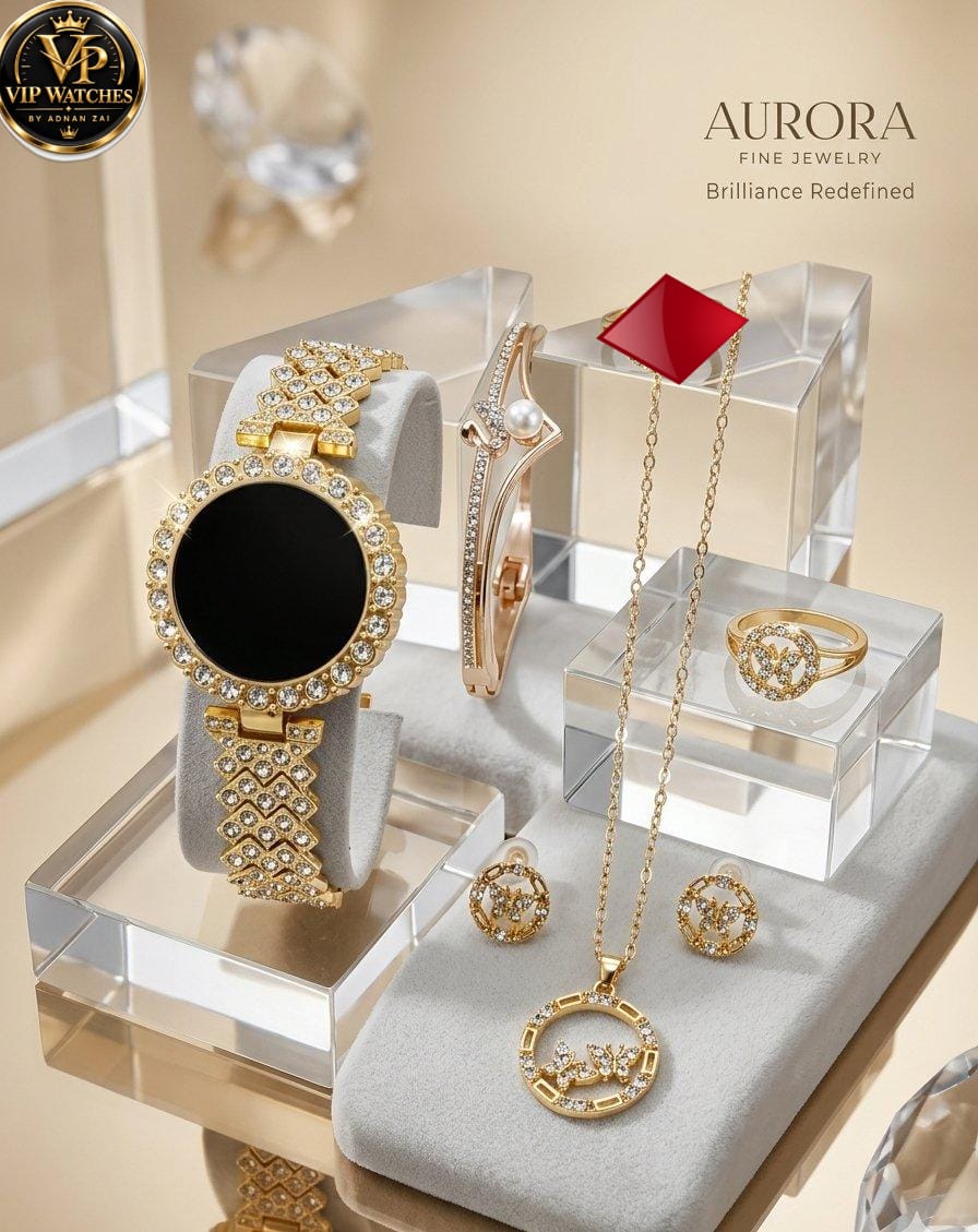 Girls’ Luxury Jewelry Gift Set 🎁 | Touchscreen Diamond-Style Watch, Stone Necklace, Earrings, Ring & Bracelet with Red Gift Box 💎⌚❤️