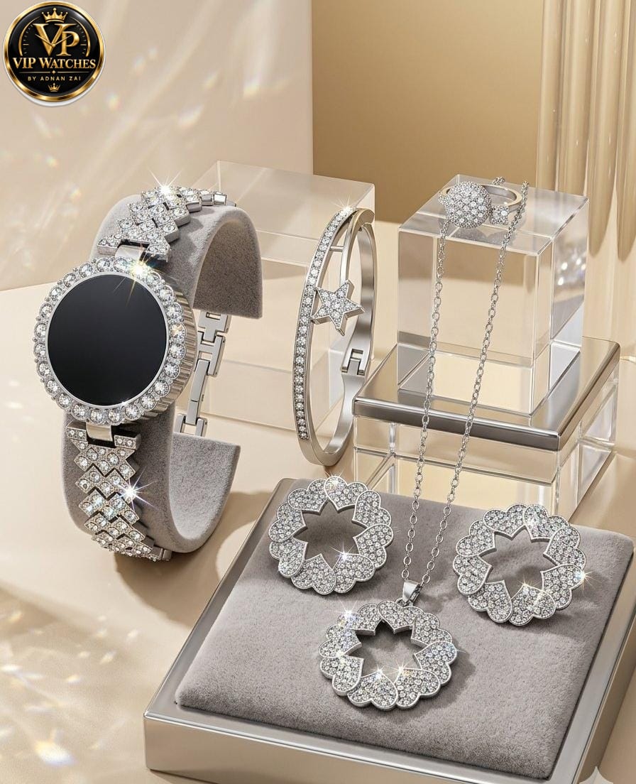 Girls’ Luxury Jewelry Gift Set 🎁 | Touchscreen Diamond-Style Watch, Stone Necklace, Earrings, Ring & Bracelet with Red Gift Box 💎⌚❤️