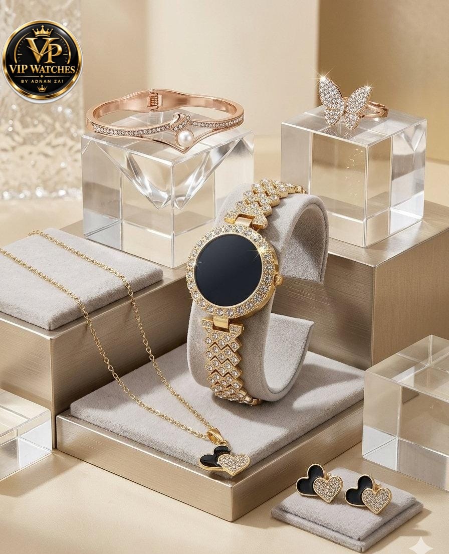 Girls’ Luxury Jewelry Gift Set 🎁 | Touchscreen Diamond-Style Watch, Stone Necklace, Earrings, Ring & Bracelet with Red Gift Box 💎⌚❤️