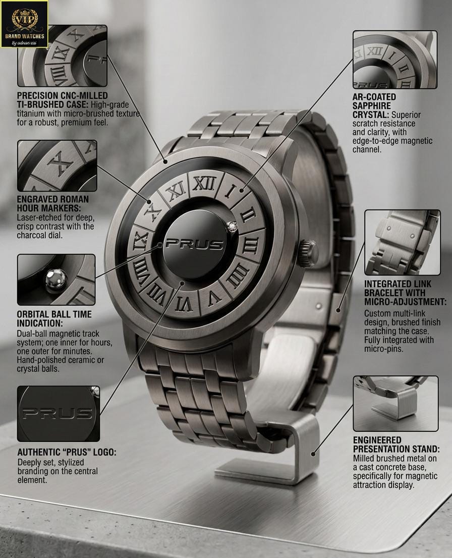 Men's Antique Chain Watch with Magnetic Ball Hour Display, Titanium Chain & Master Lock