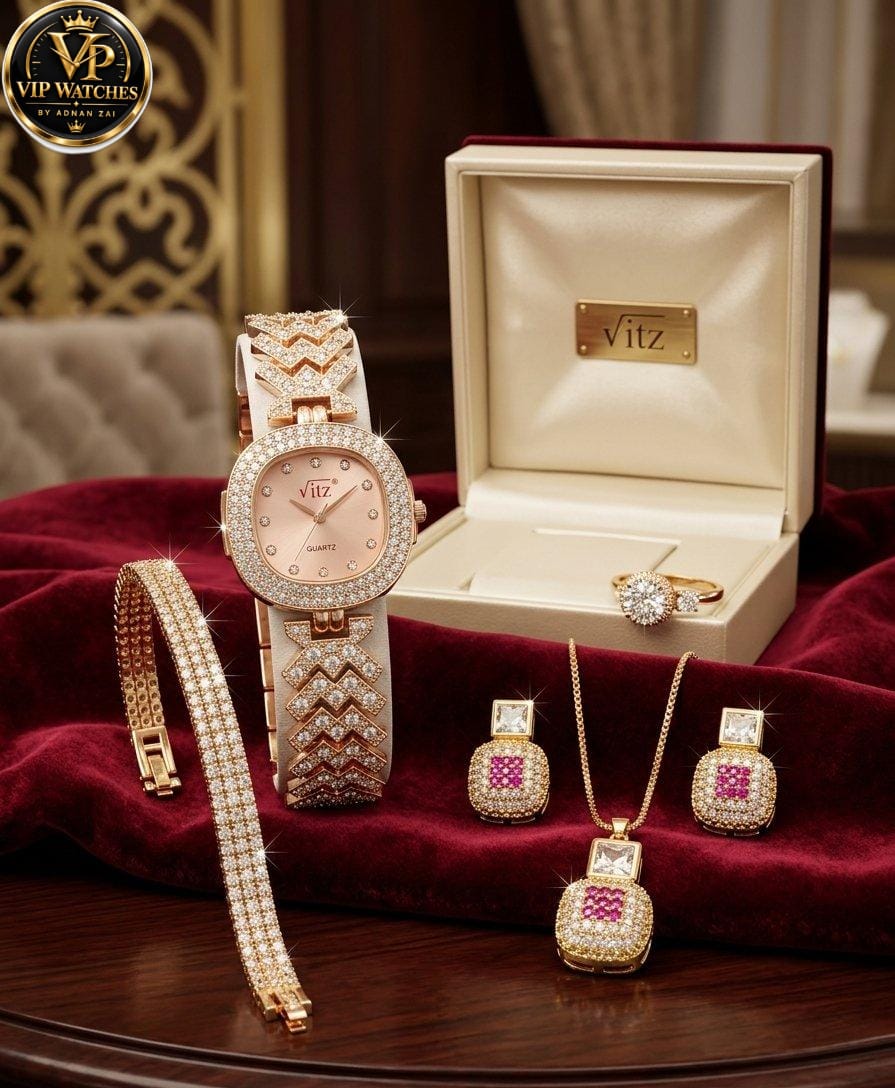 Luxury Zircon Jewelry Gift Set ✨ | Gold-Tone Watch, Premium Gift Set for Women 🎁💎