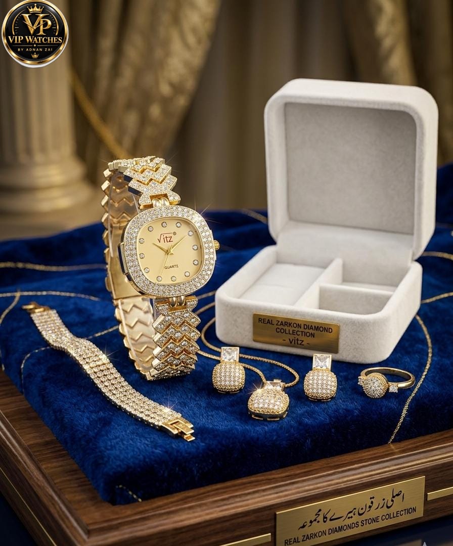 Luxury Zircon Jewelry Gift Set ✨ | Gold-Tone Watch, Premium Gift Set for Women 🎁💎