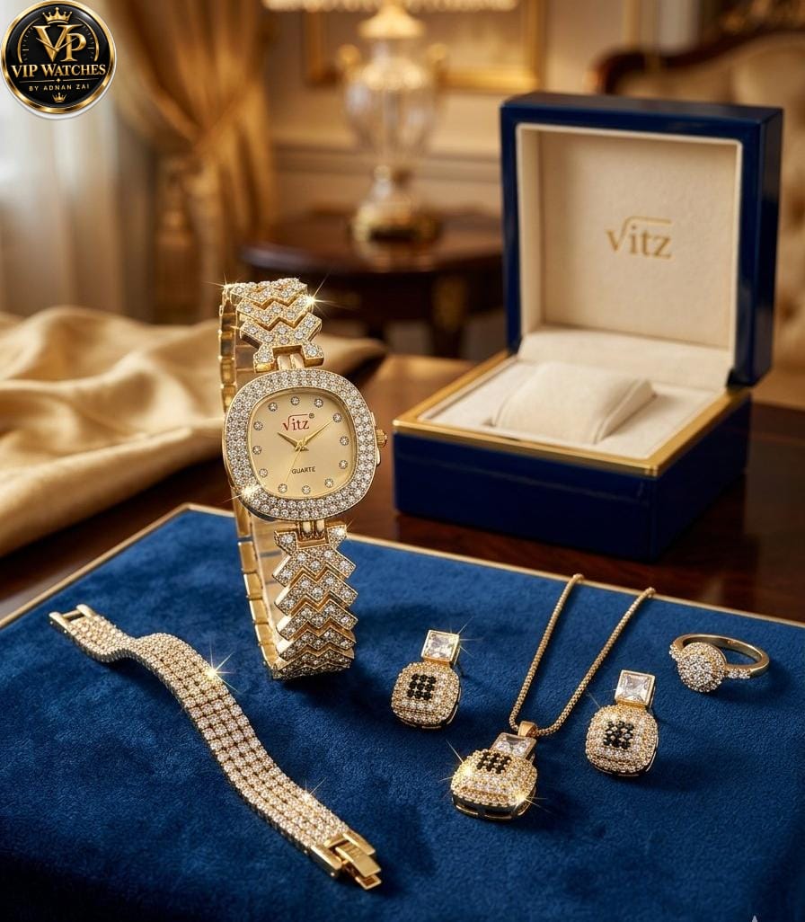 Luxury Zircon Jewelry Gift Set ✨ | Gold-Tone Watch, Premium Gift Set for Women 🎁💎