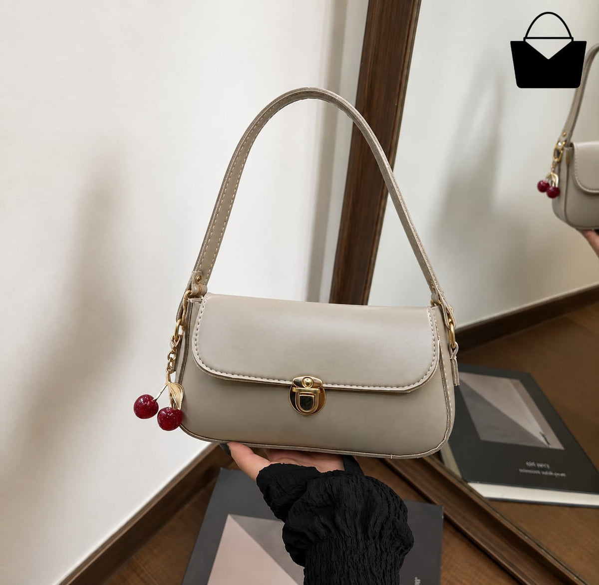 Cherry Handbag for Women – Elegant Gold Lock, Cute Cherry Charm & Premium Design