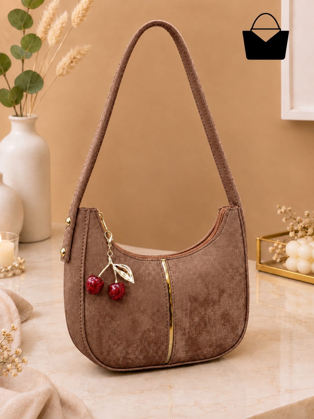 Moon Shape Women's Shoulder Bag with Golden Cherry Keychain – Textured PU Leather