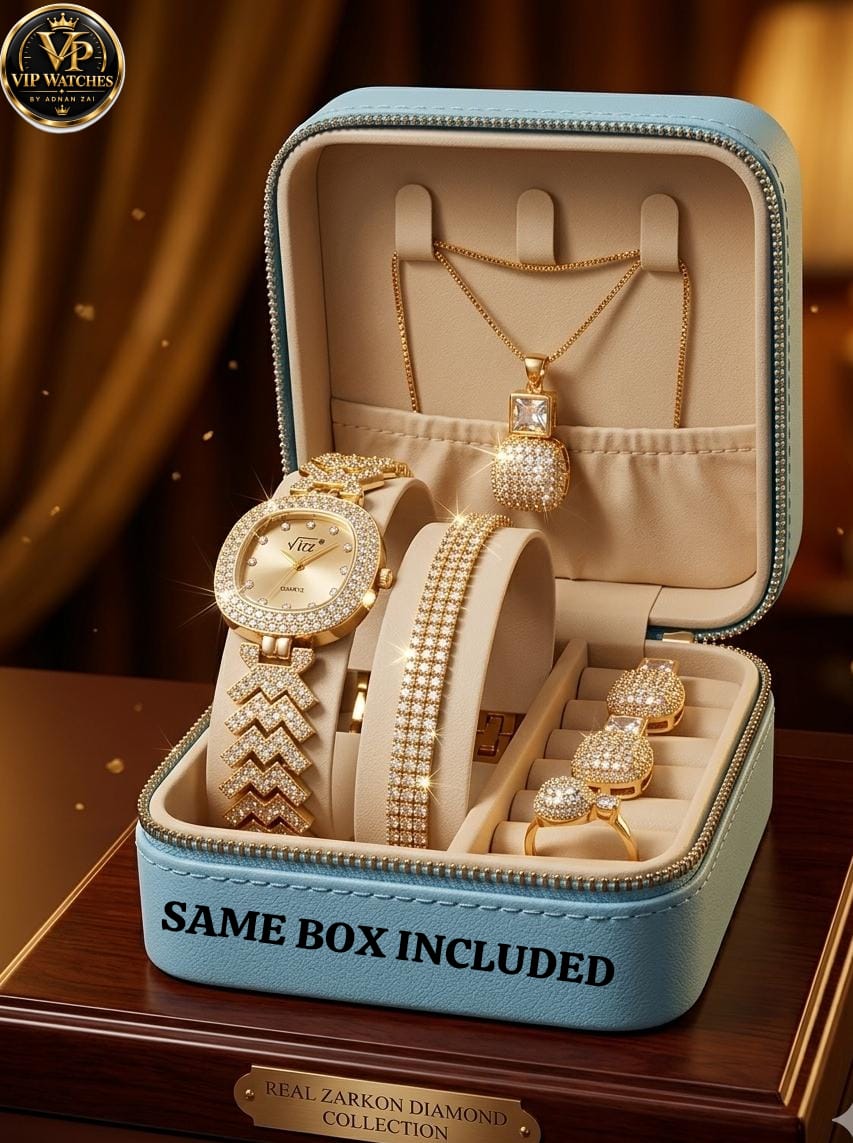 Luxury Zircon Jewelry Gift Set ✨ | Gold-Tone Watch, Premium Gift Set for Women 🎁💎