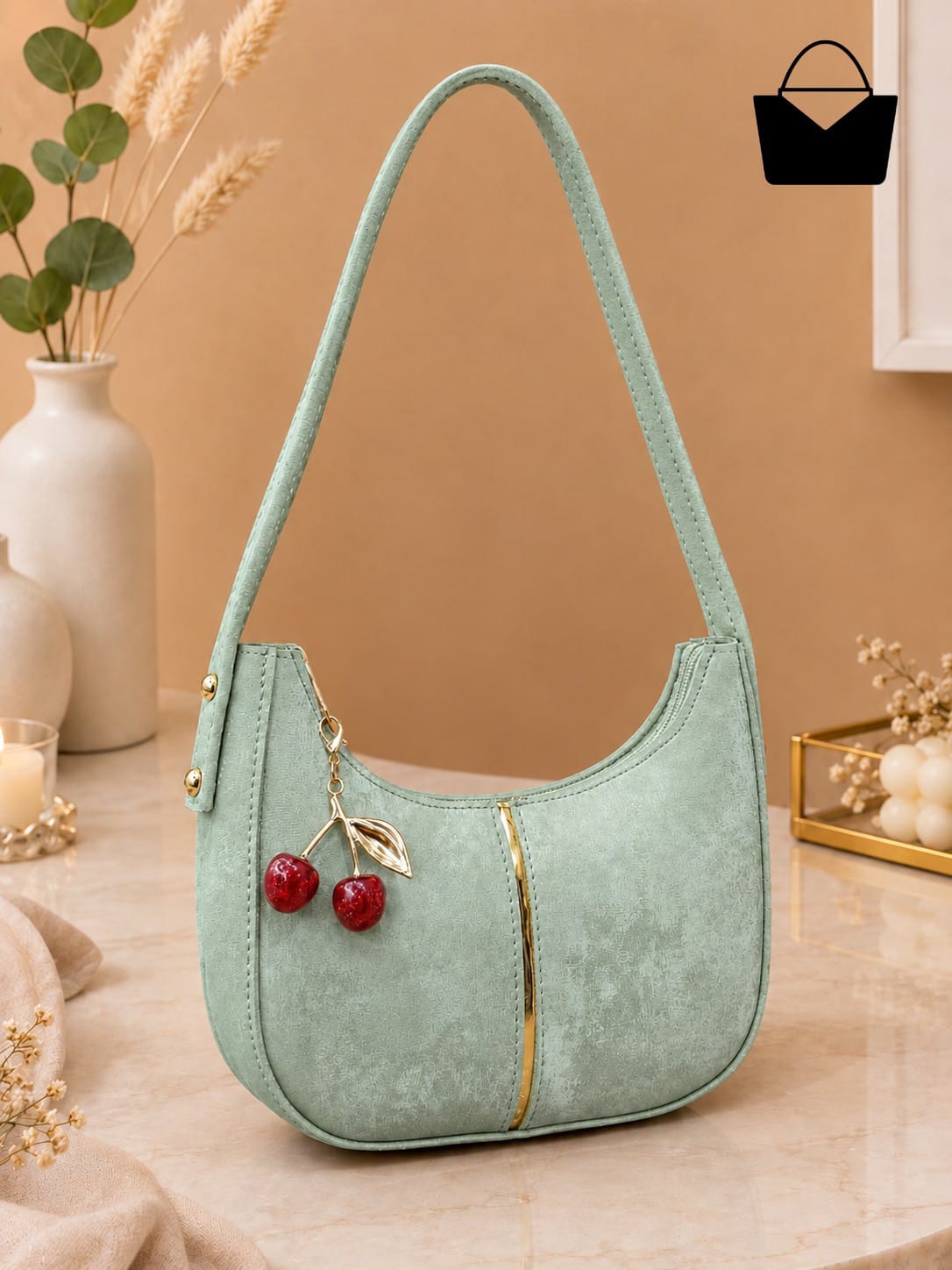 Moon Shape Women's Shoulder Bag with Golden Cherry Keychain – Textured PU Leather
