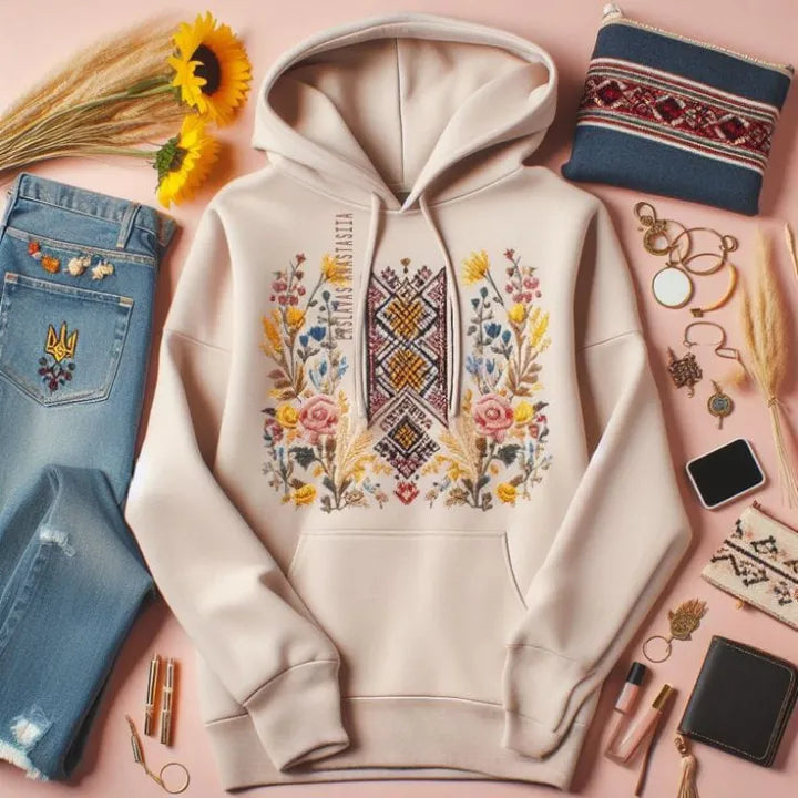 Women’s Beige Floral Ethnic Graphic Hoodie | Elegant Casual Streetwear 🌸