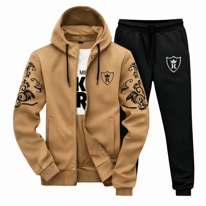 Men’s 2 PCS Premium Winter Tracksuit – Camel Brown Hooded Jacket & Black Jogger Trouser