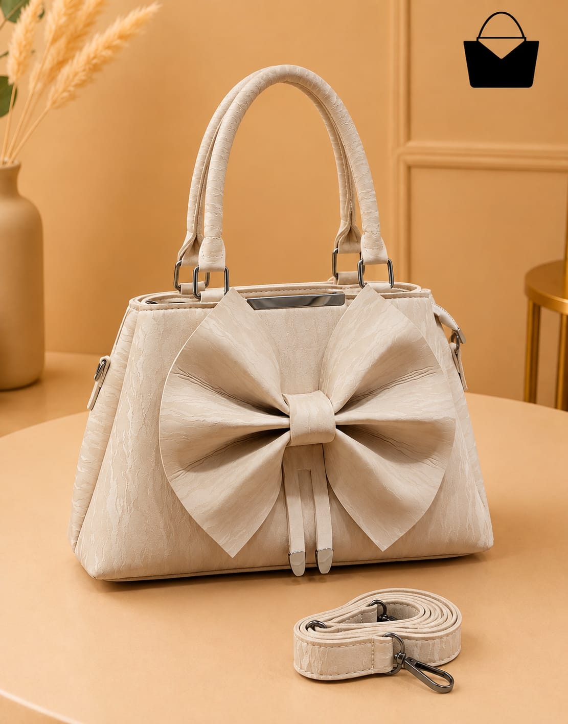 Bow Elegance Women's Handbag – Premium Textured Finish with Matching Shoulder Strap