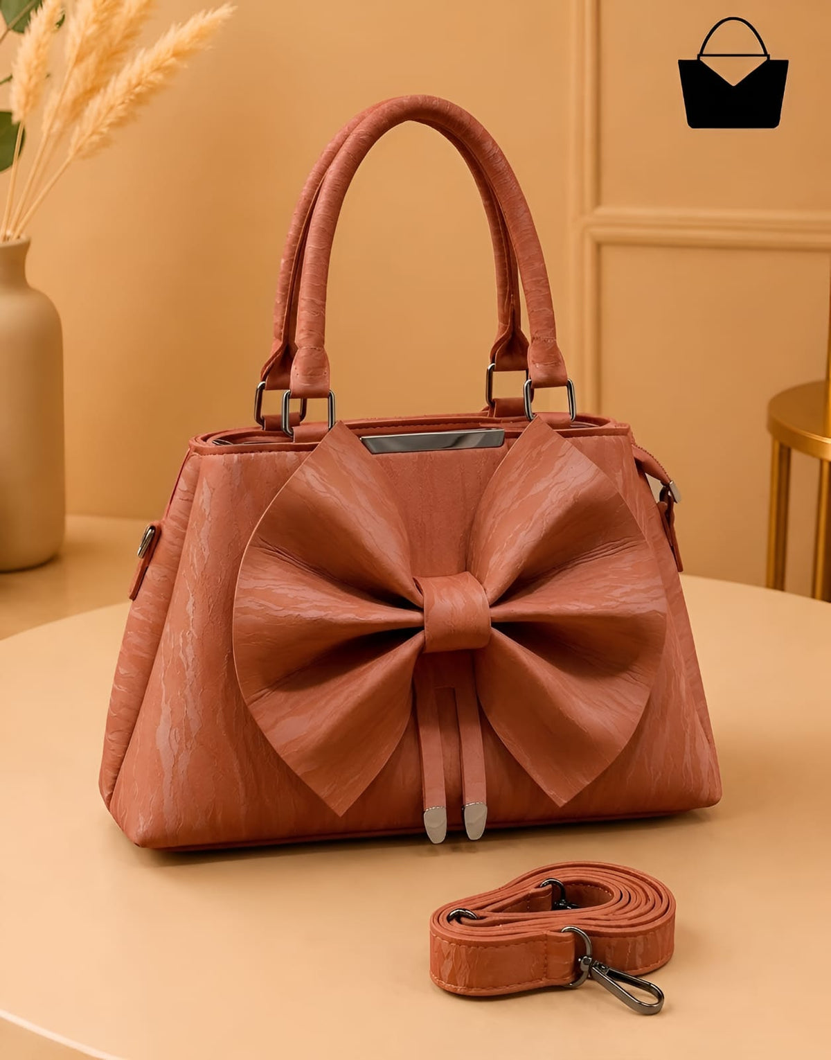 Bow Elegance Women's Handbag – Premium Textured Finish with Matching Shoulder Strap