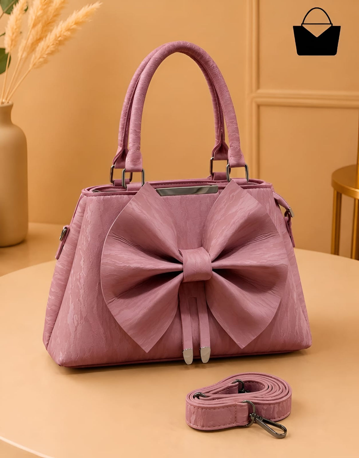 Bow Elegance Women's Handbag – Premium Textured Finish with Matching Shoulder Strap