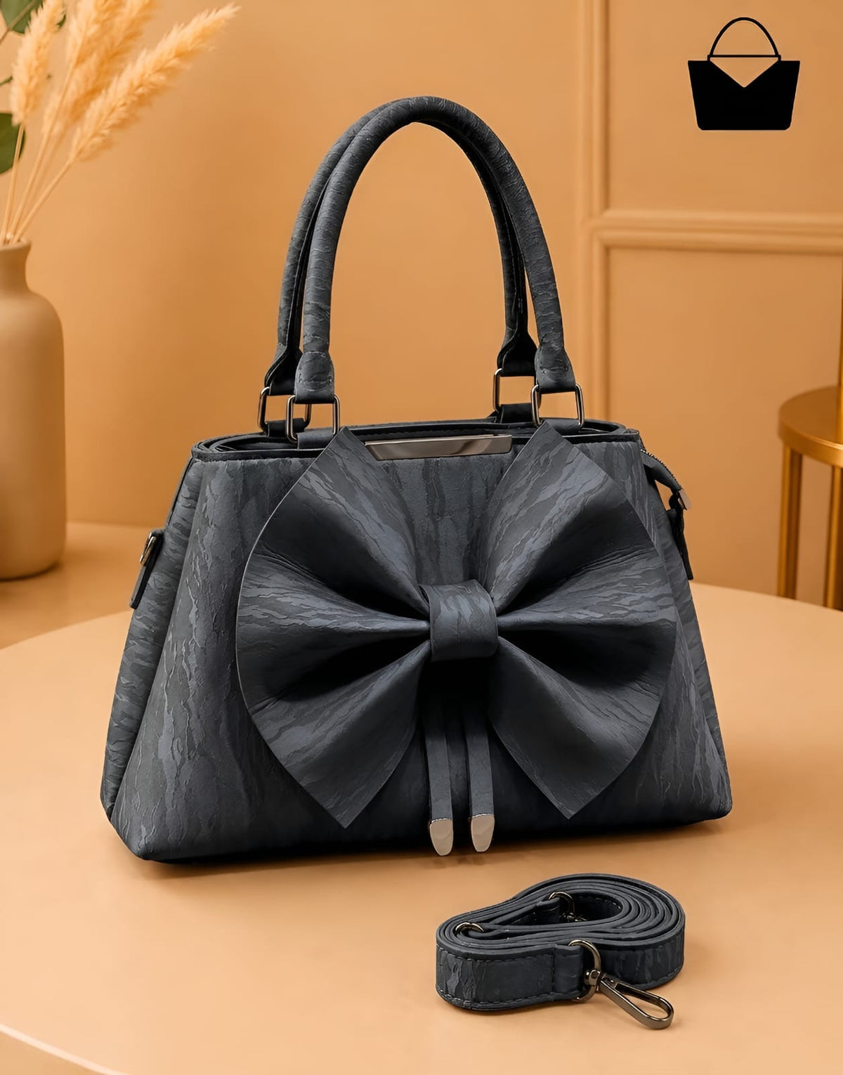 Bow Elegance Women's Handbag – Premium Textured Finish with Matching Shoulder Strap