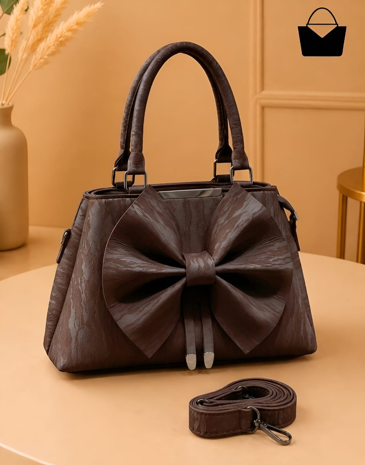 Bow Elegance Women's Handbag – Premium Textured Finish with Matching Shoulder Strap