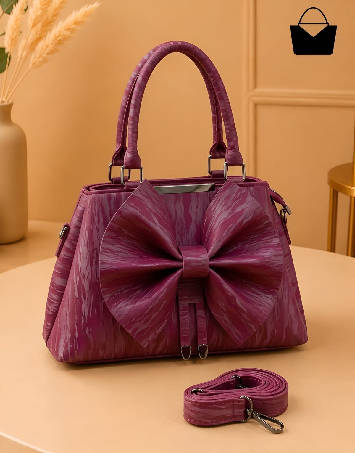 Bow Elegance Women's Handbag – Premium Textured Finish with Matching Shoulder Strap