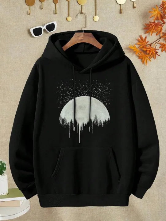 Women’s Black Moon & Forest Graphic Hoodie | Celestial Aesthetic Streetwear 🌙