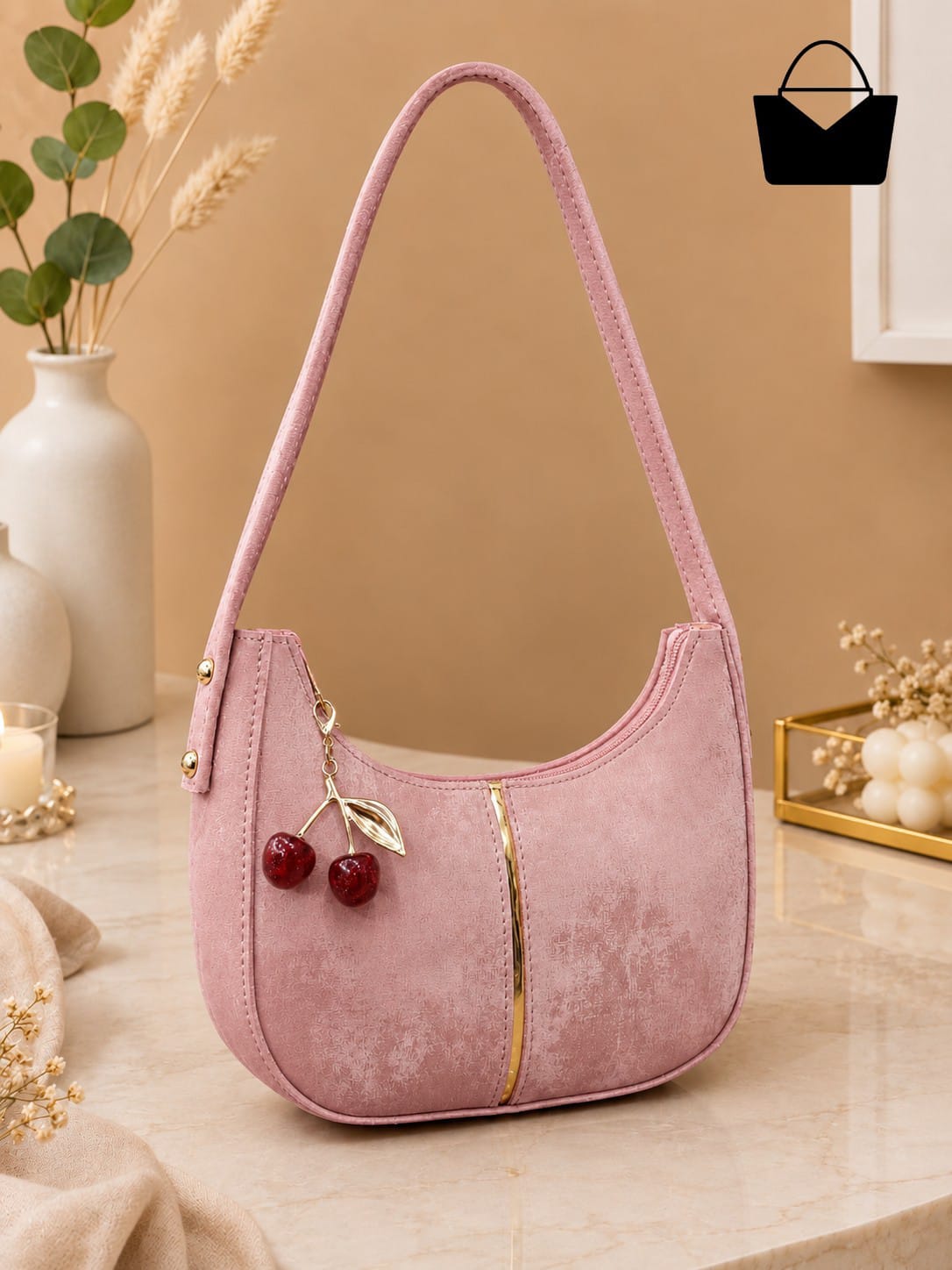 Moon Shape Women's Shoulder Bag with Golden Cherry Keychain – Textured PU Leather