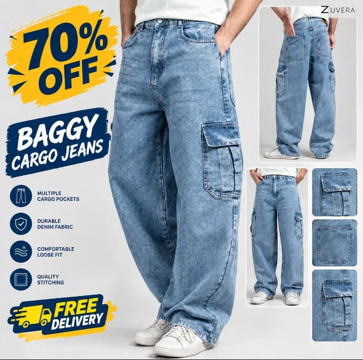 Men Baggy Cargo Jeans Light Blue | Wide Leg Loose Fit Denim Pants | Multi Pocket Streetwear baggy jeans, baggy cargo jeans, cargo jeans men, loose fit jeans, wide leg jeans men, wide leg cargo pants, oversized jeans, relaxed fit jeans, light blue jeans